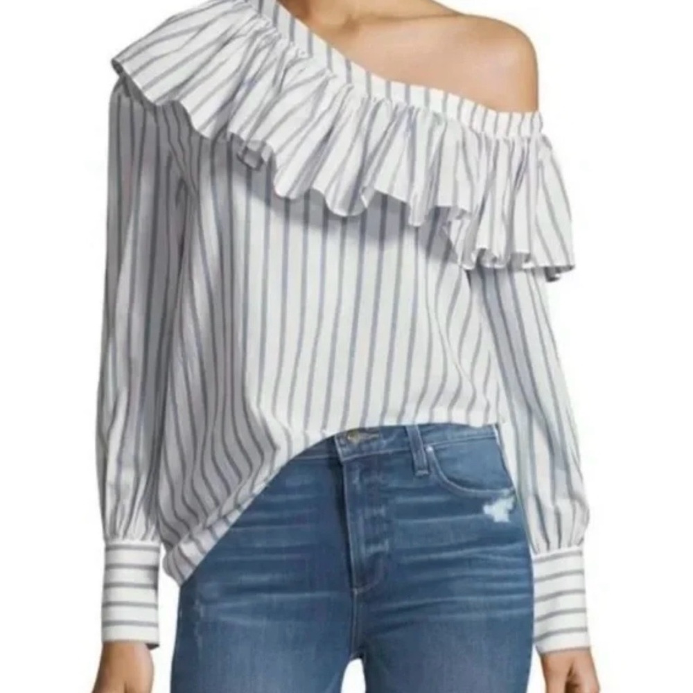 PAIGE Blue and White Striped Ruffle Blouse